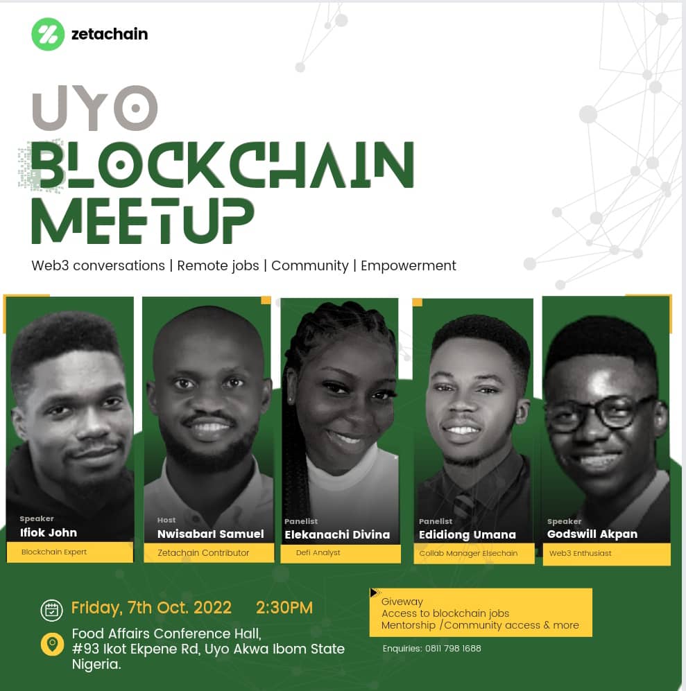 I will be speaking about the basics of the blockchain technology, use cases and opportunities at <a href="/zetachain/"></a> meetup in Uyo this weekend.

Plan to attend if you are in this location 😉
Register here: bit.ly/ZetaChain-Uyo-…
🗓️: Friday, 7th, October 2022
⏰: 2:30pm