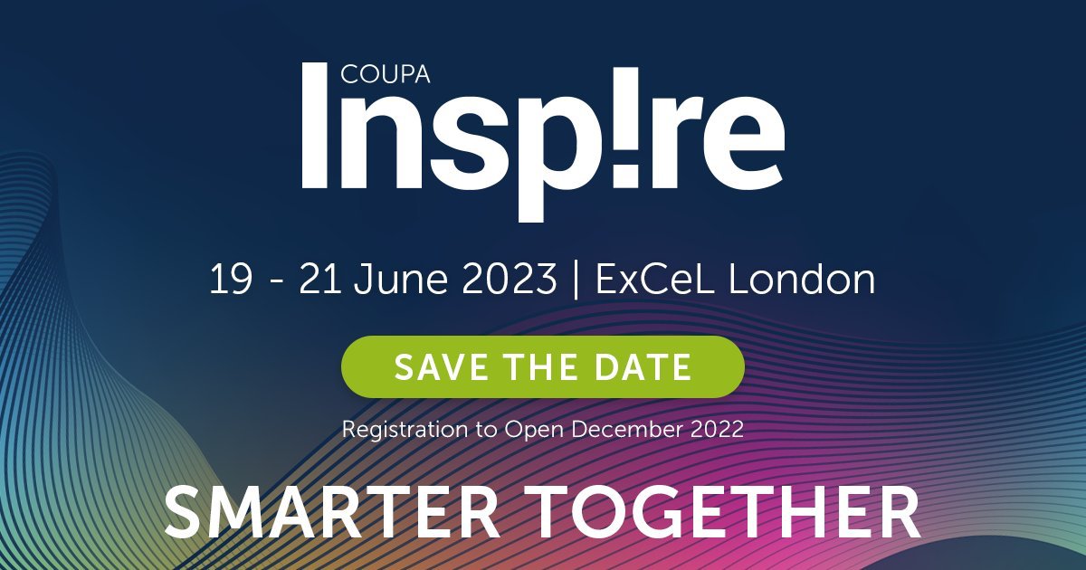 hurstsj's tweet photo. Save the date! We look forward to welcoming our #businessspend management community to London for Inspire EMEA 2023! Learn what smarter together means for your business. #powerofspend #coupainspire #bsm @coupa https://t.co/7nEMdbmKVR https://t.co/yOo9ObDBsc