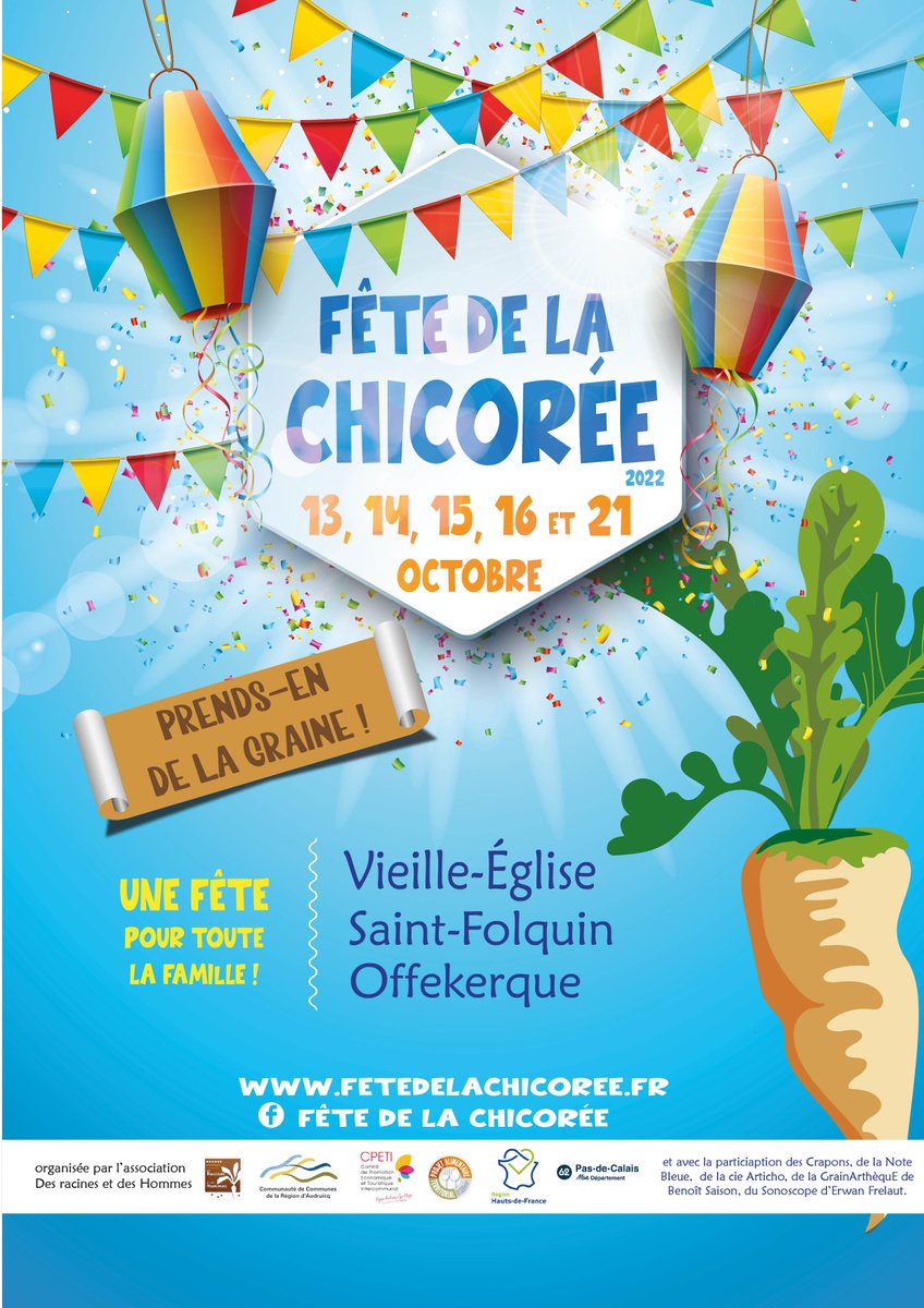 Fête de la Chicorée : la région d'#Audruicq #OyePlage célèbre sa spécialité 100% locale et le bien manger !

Un RDV pour toute la famille avec des ateliers #cuisine, des expos, des spectacles...

📅 Du 13 au 16 octobre
ℹ bit.ly/Fete-de-la-Chi…