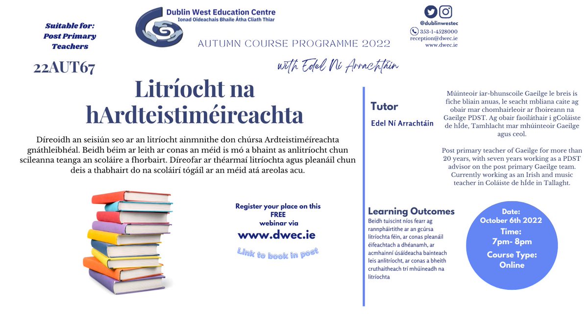 Free webinar for post primary teachers - Litríocht na hArdteistiméireachta.  Díreoidh an seisiún seo ar an litríocht ainmnithe don chúrsa Ardteistiméíreachta gnáthleibhéal.  Book your place here: bit.ly/3rrbxvl <a href="/ESCItweets/">ESCI</a>