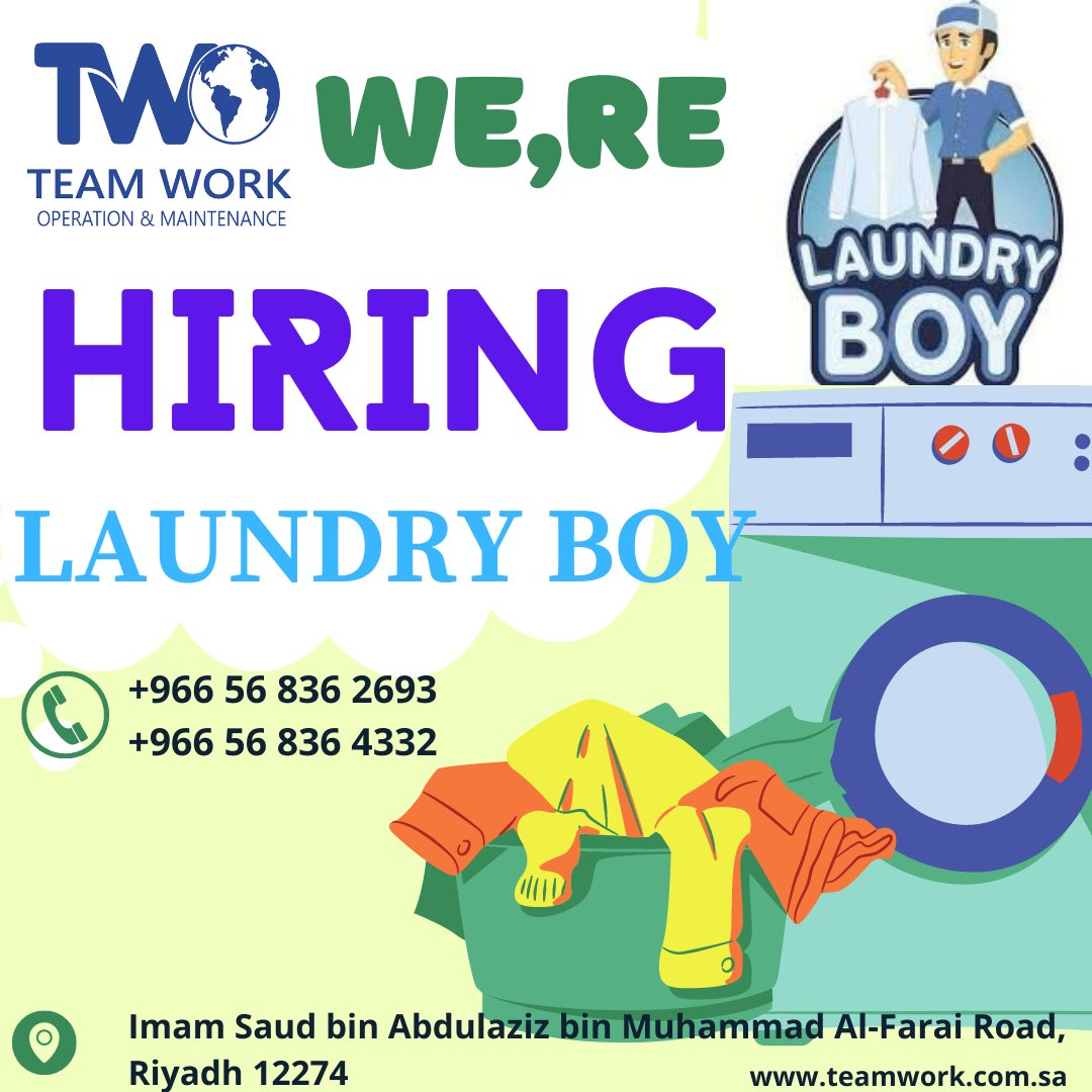 TEAMWORK2021's tweet photo. Urgent Hiring For Laundry Boy

#jobsearch #ksajobss #expatlife #saudiarabia #laundry #teamwork #humanresources #supplychainchallenges #hiring 

Location: https://t.co/lVjXI7b4ue https://t.co/28hXg71tfr