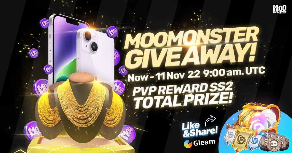 Moo Monster PVP Season 2 Giveaway Event

Chance to win a Gold Necklace and a lot of Rare Moo Monster NFT FOR FREE 🎉

Prize pool: OVER 3000$ 

Join Now 👉🏻👉🏻: gleam.io/competitions/f…

Duration⏰ : Now - 11 Nov 22, 9 am UTC time 

#FreeNFTs #Airdrops #GameFi #NFTGiveaways #NFTGame