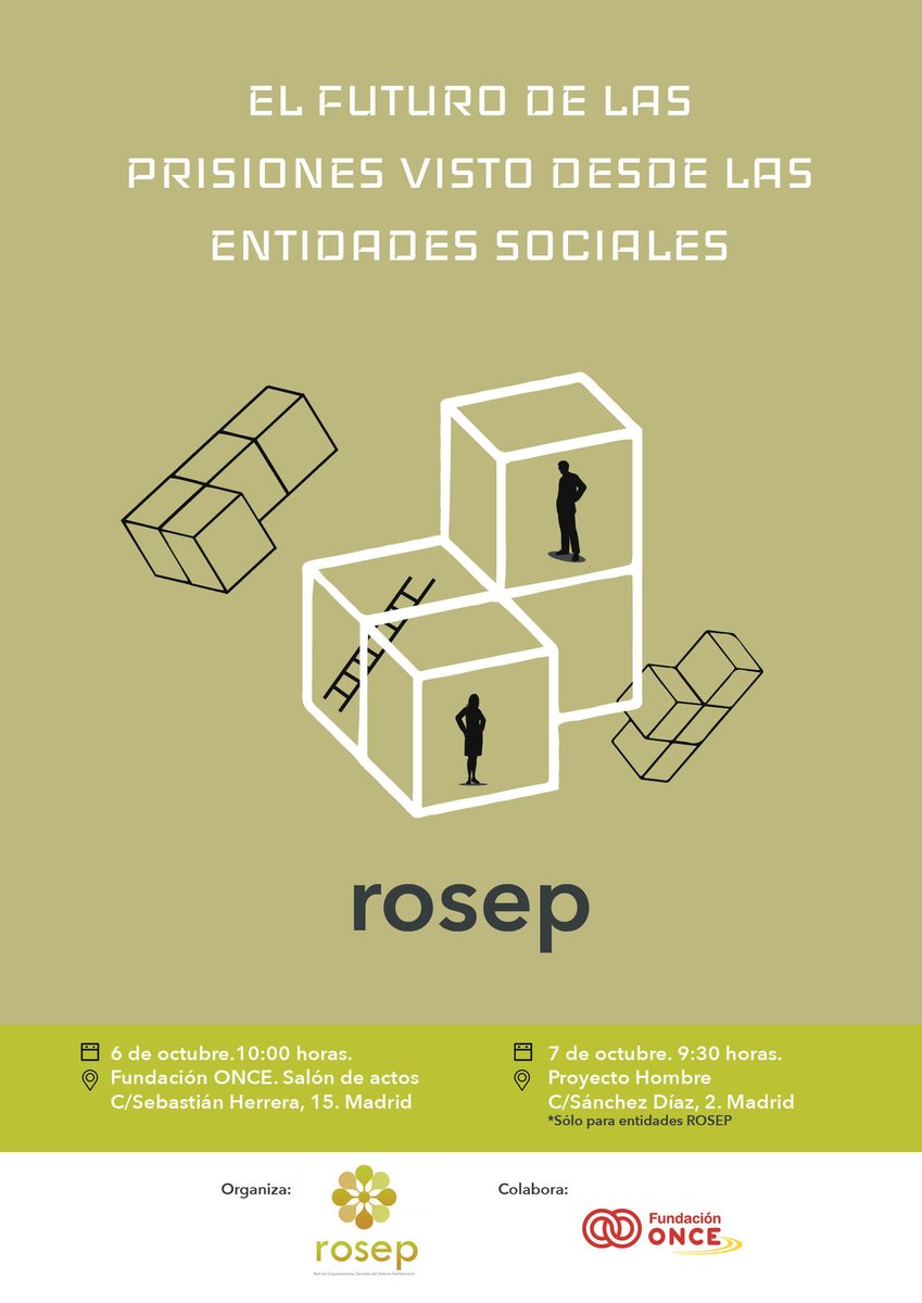 ProyectoHombre_'s tweet photo. 💥ENCUENTRO de entidades #ROSEP, Red de Organizaciones Sociales del Entorno Penitenciario:"El futuro de las prisiones visto desde las entidades sociales"
📅6 y 7 de octubre en #Madrid.Inscríbete aquí:
https://t.co/CxijkKIt7i
#TrabajoEnPrisiones #ProyectoHombre @Fundacion_ONCE https://t.co/S9227srgXd