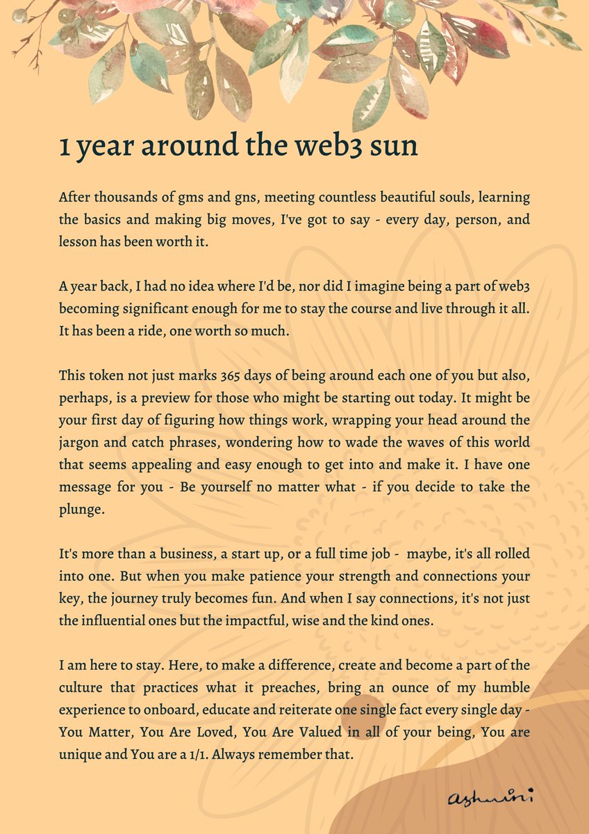Today marks 1 year of Ashu being in the web3 space &amp; each one of you is a part of this journey!

A letter of provenance to resilience, community, support, kindness &amp; journey onwards.

On my own contract using <a href="/manifoldxyz/">manifold.xyz</a> free to mint 1 per wallet! RT &amp; claim - 72 hours! 👇🏽🔗