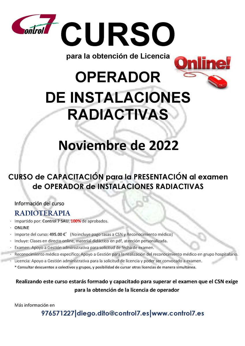 control7oficial's tweet photo. Nuevos cursos para obtener licencia de operador en instalaciones radiactivas (CSN), #radioterapia, #medicina #nuclear, #control de procesos o #radiografía #industrial. Control 7 SAU formación. Contacta con nosotros!! #cursos #CPTA #formación #CSN https://t.co/1Ip8o1XTc9