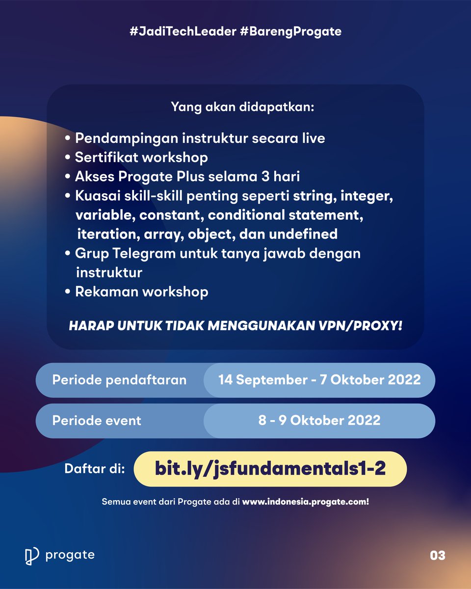 readysetcodeid's tweet photo. Belajar JavaScript dari awal dengan ikutan Workshop 2 Hari dari Progate! Khusus buat pemula yang belum pernah belajar JavaScript!

Gak mahal, cukup Rp 35.000 aja! 

Langsung daftar di: https://t.co/NNuJ2tooQH

#ambillangkahmu #bersamaprogate #youcancodewithus #codingbootcamp https://t.co/qDfsCWKyFY