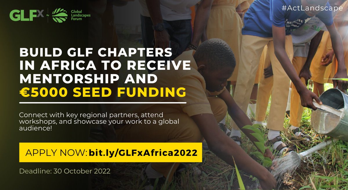 📢Are you based in Africa and working to restore landscapes, protect forests or boost sustainable agriculture?
 
Apply now to become one of the 5 new <a href="/GLFChapters/">GLFx Chapters🌍🌎🌏</a> in Africa to receive €5,000 in seed funding.

Learn more➡️ bit.ly/GLFxAfrica2022

#ActLandscape <a href="/GlobalLF/">Global Landscapes Forum (GLF)</a> <a href="/CIFOR/">CIFOR</a>