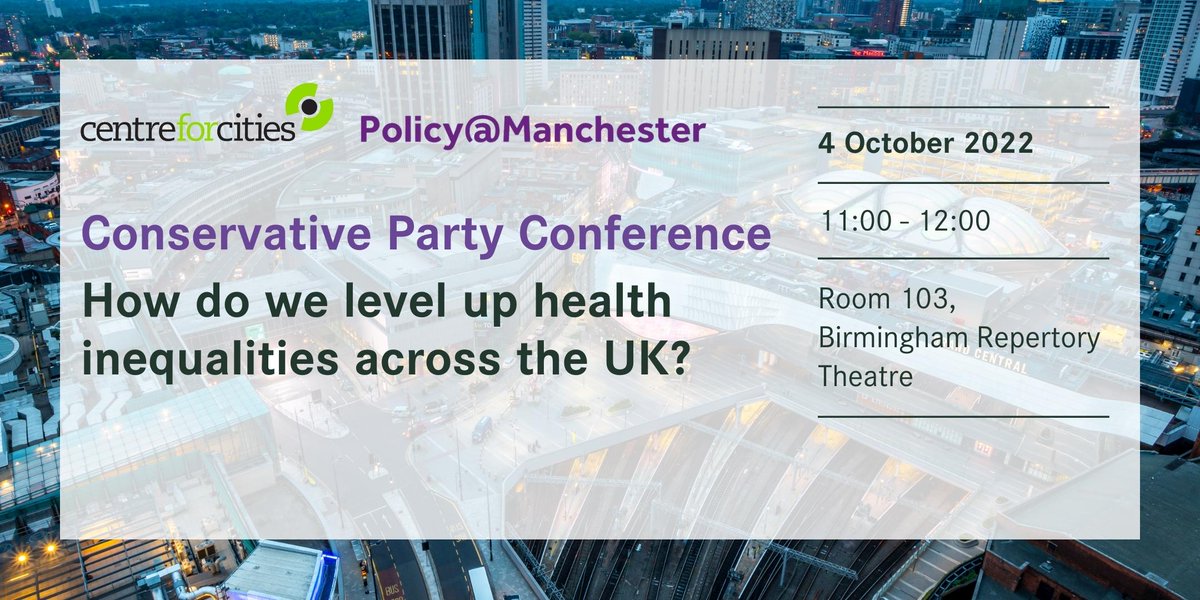 📢 TODAY at #CPC22

Hosted in partnership with <a href="/UoMPolicy/">Policy@Manchester</a>, we'll be joined by <a href="/AbiBrown1/">Abi Brown OBE</a>, <a href="/GaultonLiz/">liz gaulton</a>, <a href="/dukester24/">Luke Munford</a> &amp; Martyn Cox (<a href="/boltoncouncil/">Bolton Council</a>) to explore the impact of health inequalities on productivity &amp; more.

centreforcities.org/event/conserva…