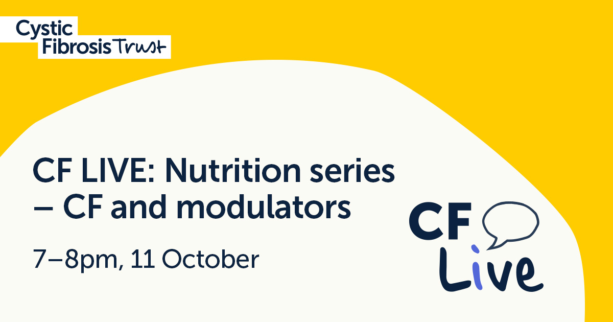 It's not long till our next CF Live: We hear from a panel of experts about the indirect effects of taking modulator therapies such as Kaftrio on appetite and food intake. Body image & GI symptoms, pancreatic function & vitamins. ow.ly/gqwb50KVolR to sign up. #cysticfibrosis
