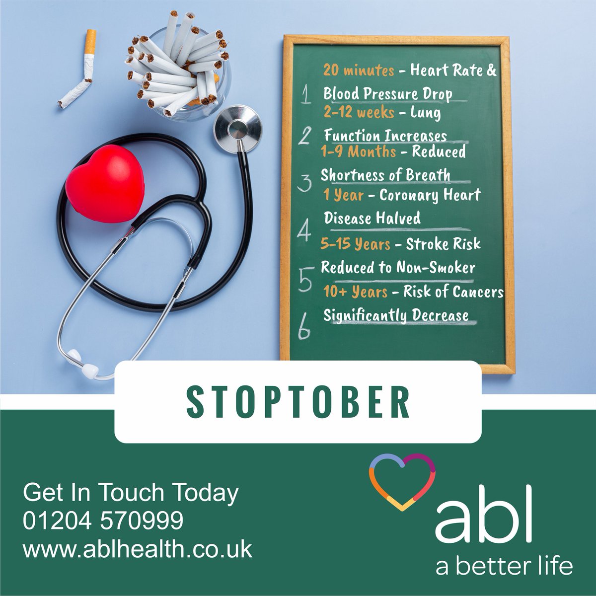ABLHealth's tweet photo. What happens to your body when you quit smoking? Get in touch with us to find out if we offer support in your area and begin your quit journey #stoptober #iwillquit https://t.co/x8ODUAKzV1