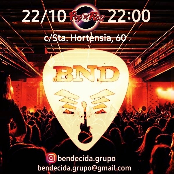 Hola Bendecid@s!!

Tomad nota:

🗓 Sábado 22 de octubre.
🏢 <a href="/popandrollbar/">Pop'n'Roll</a>
🕙 22.00 horas
🎸 Conciertazo!!!

No faltéis, tenemos muchas ganas!

#musica #concierto #sonido #directo #sound #mixer #madrid #bendecida