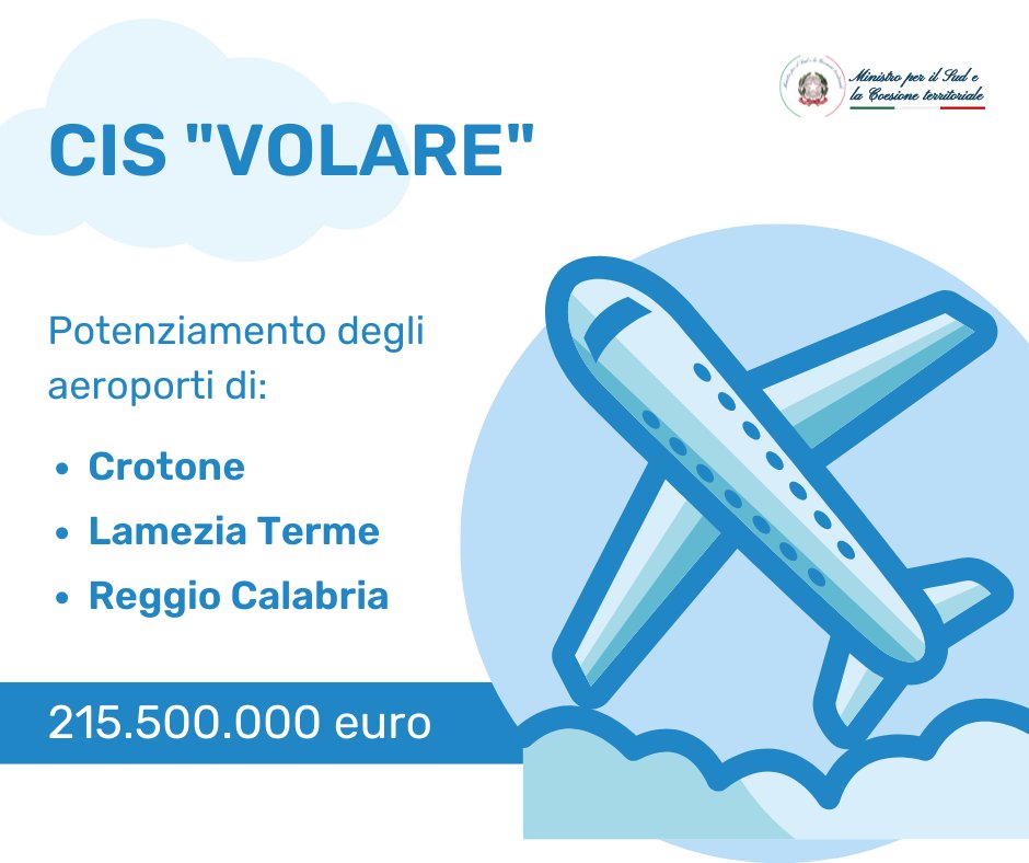 ✈️ Il ministro Carfagna ha firmato il CIS #Volare per gli aeroporti della #Calabria.
⚙️ Previsti investimenti per 215,5 milioni per ampliare, riqualificare e aumentare servizi e sicurezza degli scali.
Tutte le info 👉 bit.ly/3SzjryG