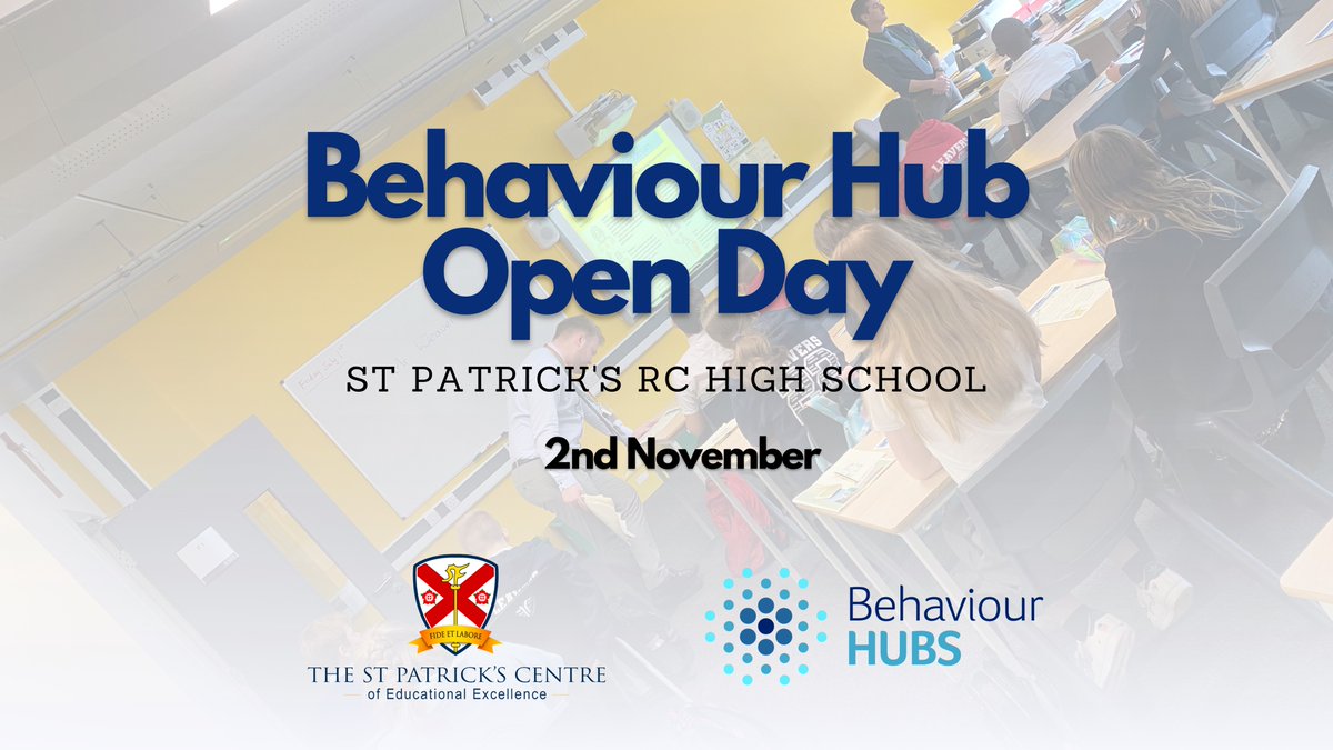Thestpatscentre's tweet photo. @StPatsRC are extremely proud to be an @educationgovuk #BehaviourHub

⭐️We will be welcoming schools that are keen to come and look around our school and see our #behavioursystems and #routines in action.

Register here
👉https://t.co/tsy3fb0swg

#edutwitter https://t.co/XieY33jg3b
