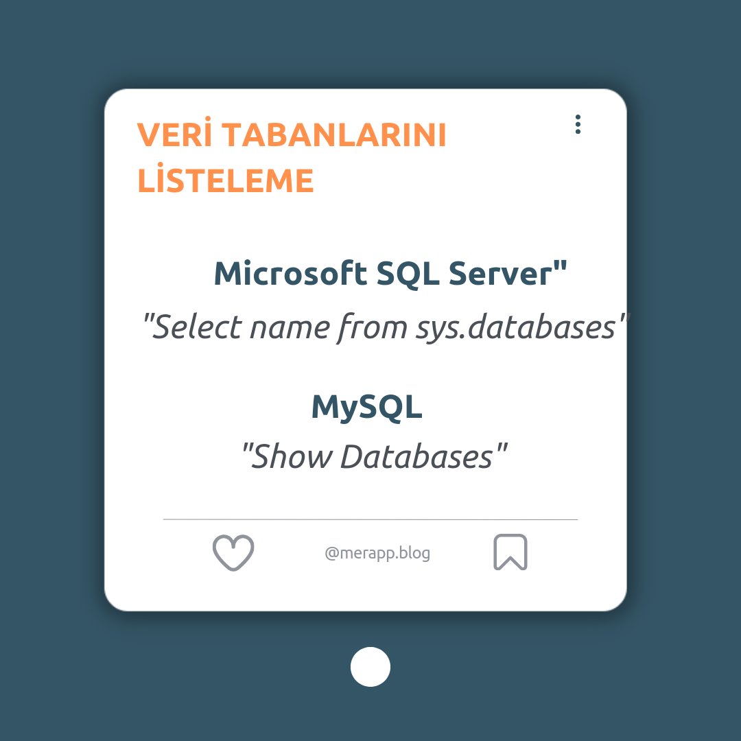 MerappBlog's tweet image. Veri tabanlarınızda kullandığınız sorgularla; tablo, sütun veya veri yerine, veritabanlarınızı listelemek isterseniz Microsoft SQL Server ve MySql üzerinde bu sorguları kullanabilirsiniz...
#sql #sqlserver #sqldeveloper #mssql #microsoftsqlserver #mysql #veri  #data #DataScience