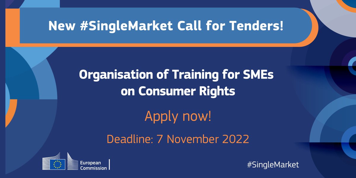 📢 New #SingleMarket call for tenders❗️

This call aims to continue the Consumer Law Ready project and provide 🇪🇺-wide consumer training for #SMEs and start-ups on #ConsumerLaw.

Interested? 🗓️ Apply by 7 November 2022

More information 👉 europa.eu/!tXH8Bq