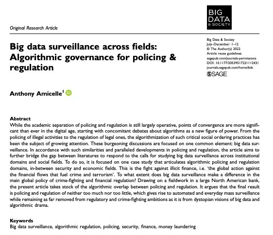 Big Data & Society (@bigdatasoc) on Twitter photo Check out this brand new article out now in Big Data & Society by Anthony Amicelle from <a href="/CEDurkheim/">Centre Émile Durkheim @cedurkheim.bsky.social</a> on "Big data surveillance across fields: Algorithmic governance for policing & regulation"!
buff.ly/3SAvYC4 Check out this brand new article out now in Big Data & Society by Anthony Amicelle from <a href="/CEDurkheim/">Centre Émile Durkheim @cedurkheim.bsky.social</a> on "Big data surveillance across fields: Algorithmic governance for policing & regulation"!
buff.ly/3SAvYC4