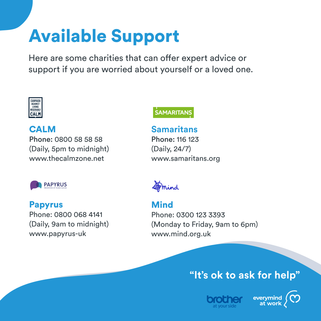 I’m <a href="/pmcgregorcom/">Paul McGregor</a> the founder of <a href="/everymindatwork/">Everymind At Work</a>. Today I am supporting Brother UK to share a key message.  

A person takes their life every 40 seconds in the world and for every suicide, there are on average 135 people impacted.