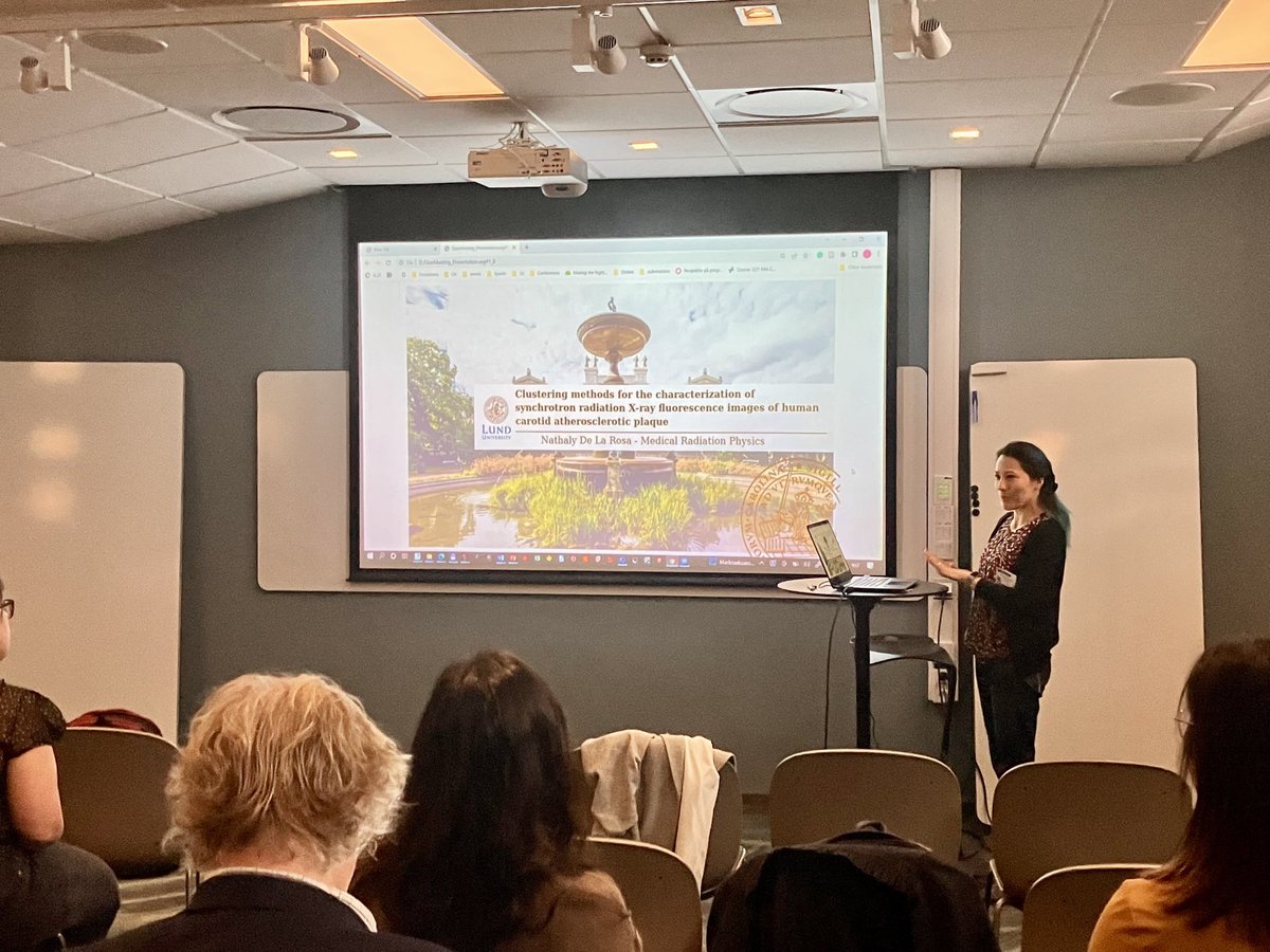 MAXIVLaboratory's tweet photo. Nathaly de la Rosa describes the study of human #carotid atherosclerotic #plaques with imaging at #NanoMAX beamline #maxiv #research #elementcomposition #xrays #UM22 #UserMeeting #health #machinelearning #data https://t.co/wWPlhLeGea