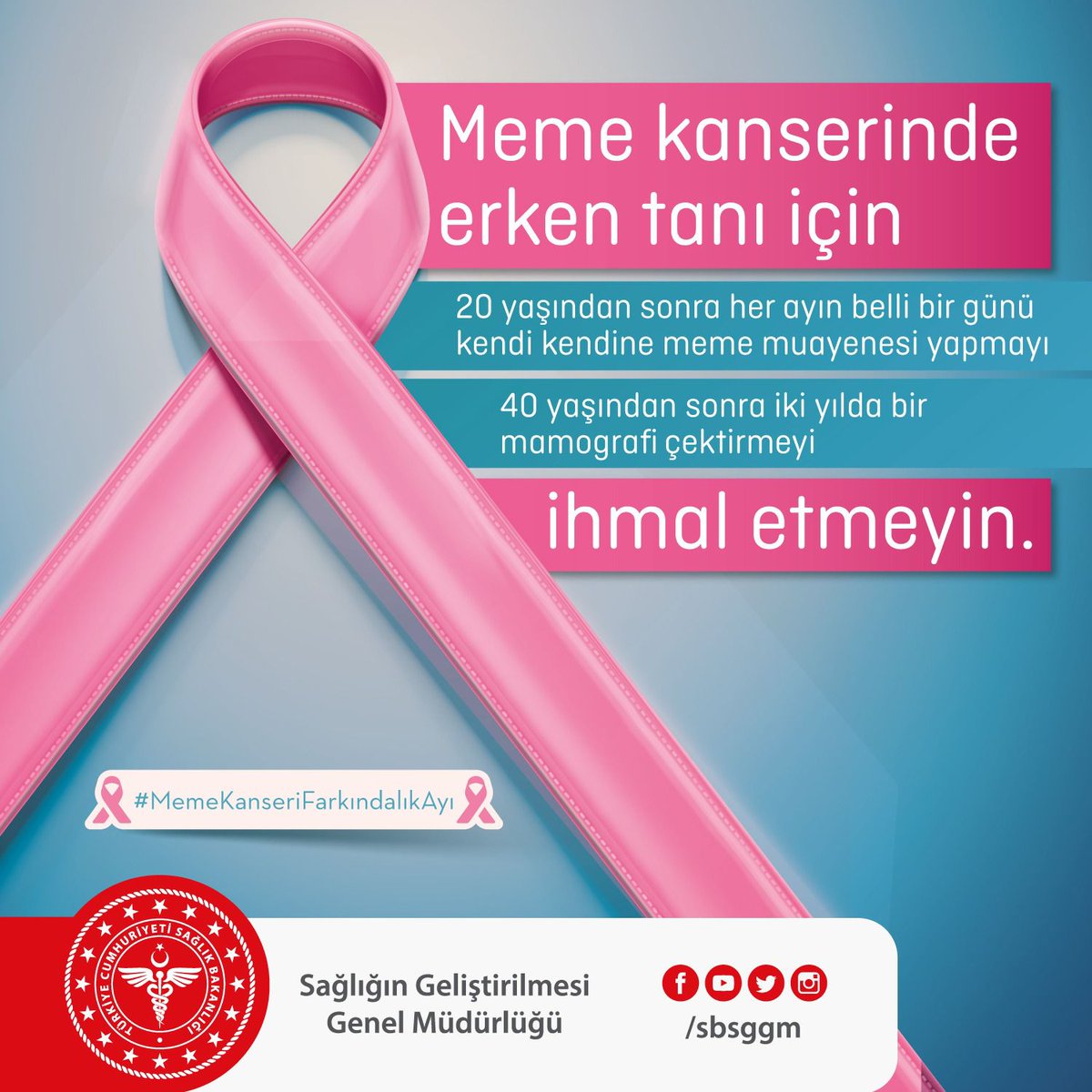 Meme kanserinde erken tanı için - 20 yaşından sonra her ayın belli bir günü kendi kendine meme muayenesi yapmayı - 40 yaşından sonra iki yılda bir mamografi çektirmeyi ihmal etmeyin. #MemeKanseriFarkındalıkAyı