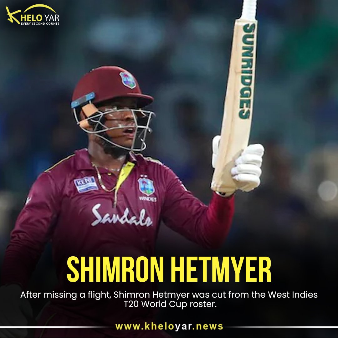 KheloyarN's tweet photo. After missing a flight, Shimron Hetmyer was cut from the West Indies T20 World Cup roster.

💻 SIGN UP NOW:- https://t.co/mqcMmOBYbO

#shimronhetmyer #cricket #trending #odi #t20 #australia #worldcup #cwi #odeansmith #metriconstadium https://t.co/IQLQmgGLUr