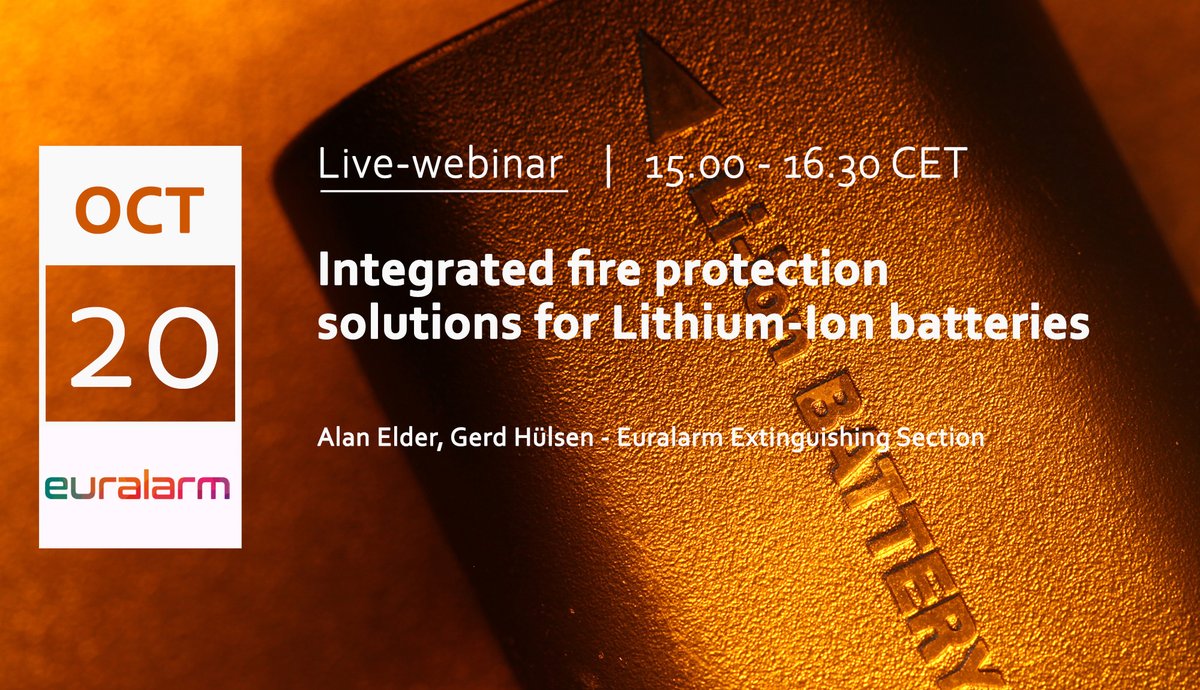The Guideline on Integrated fire protection solutions for lithium-ion batteries is the topic of a webinar that will be organised on Thursday 20 October, starting at 15:00 CET for all professionals dealing with fire safety and extinguishing . Register via euralarm.org/resource/live-…