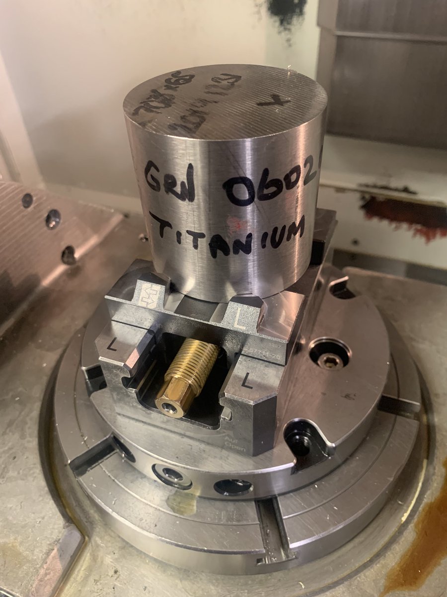As a long time user of @langtechnik <a href="/Lang_TechnikUK/">LANG Technik UK Ltd</a> Workholding and appreciating its benefits. I've got to say the new Macro-4 Grip is a game changer for round parts. This tricky Titanium part was stamped and hit hard with #5axis machining with no movement #impressed