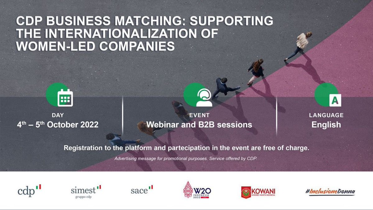 Oggi alle 11.00 il webinar: "CDP Business Matching: sostenere l'internazionalizzazione delle imprese a guida femminile".

Analizzeremo gli strumenti a supporto dell’imprenditoria femminile, con l’obiettivo di promuovere crescita sostenibile e inclusiva.
👉🏻 lnkd.in/dVjVUXkK
