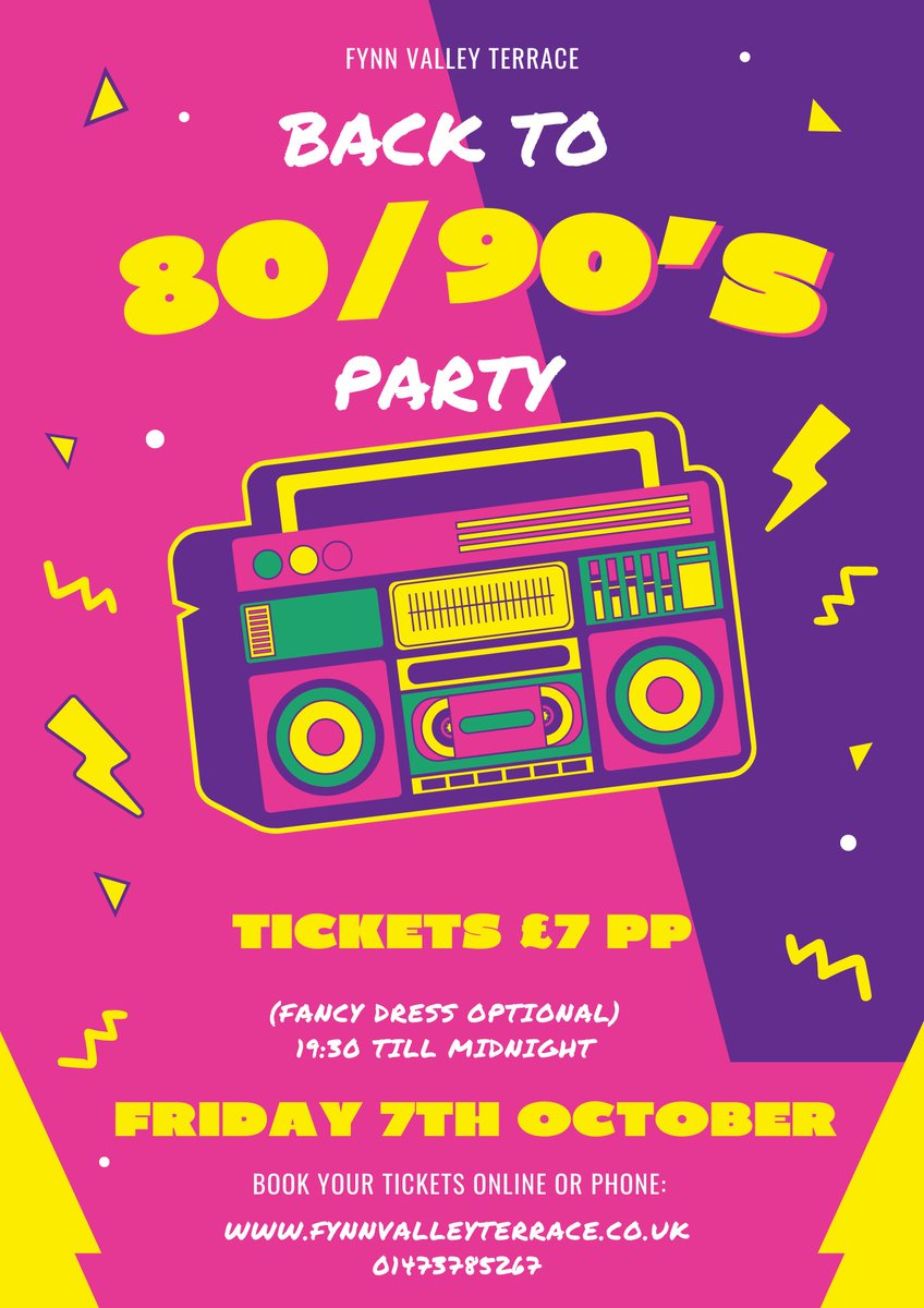 This Friday... last few tickets remaining for the big 80's &amp; 90's Party!
fynn-valley.co.uk/event_ticket.p…
#ipswichparty #80snight #allwelcome #friyay