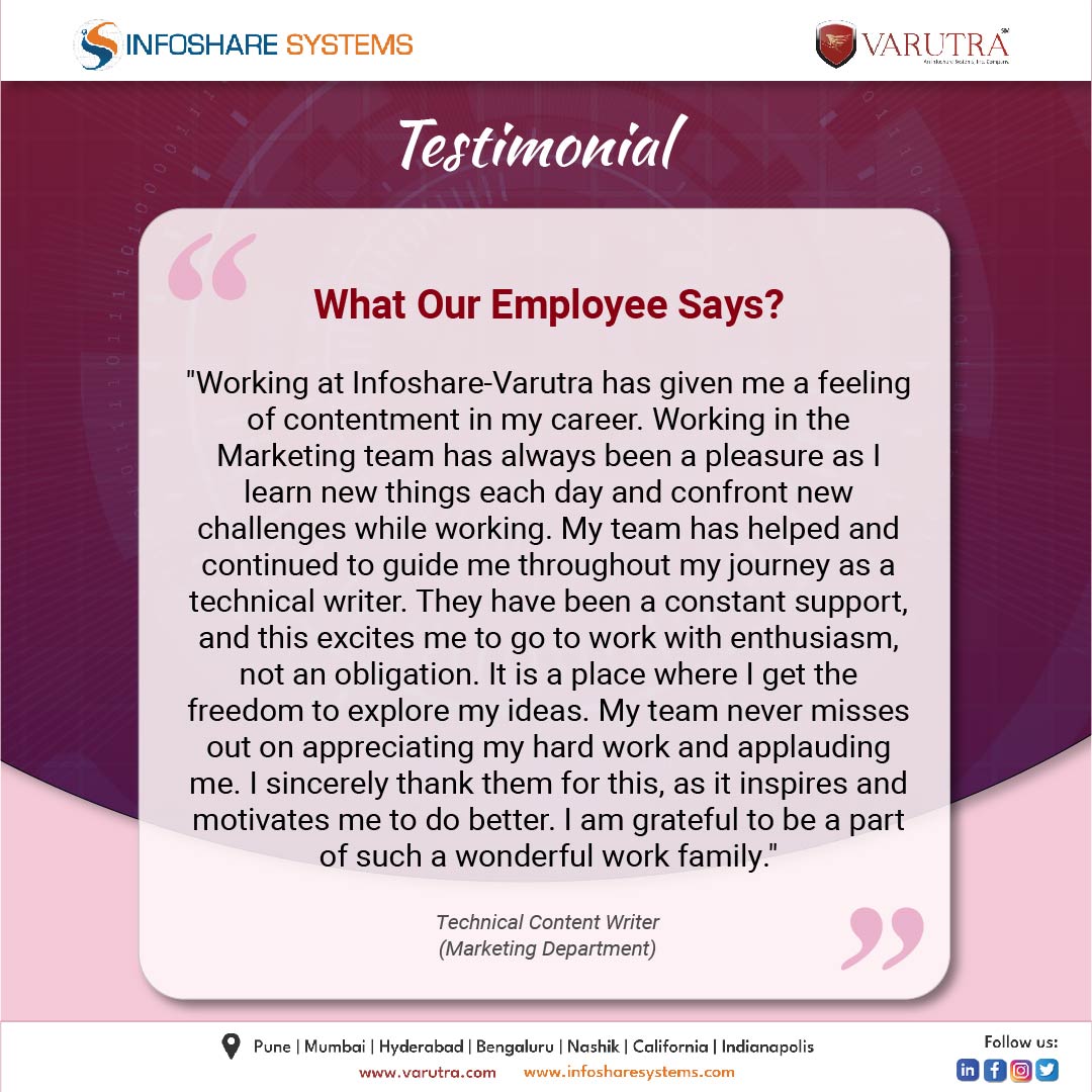 varutra's tweet image. Happy Employee Happy Us! #employeeengagement had always been valued by us and a reason behind our decade long success story. Sharing a #testimonial from our #technicalcontentwriter describing her #experience

#varutra #infosec #informationsecurity #employee #cybersecurity
