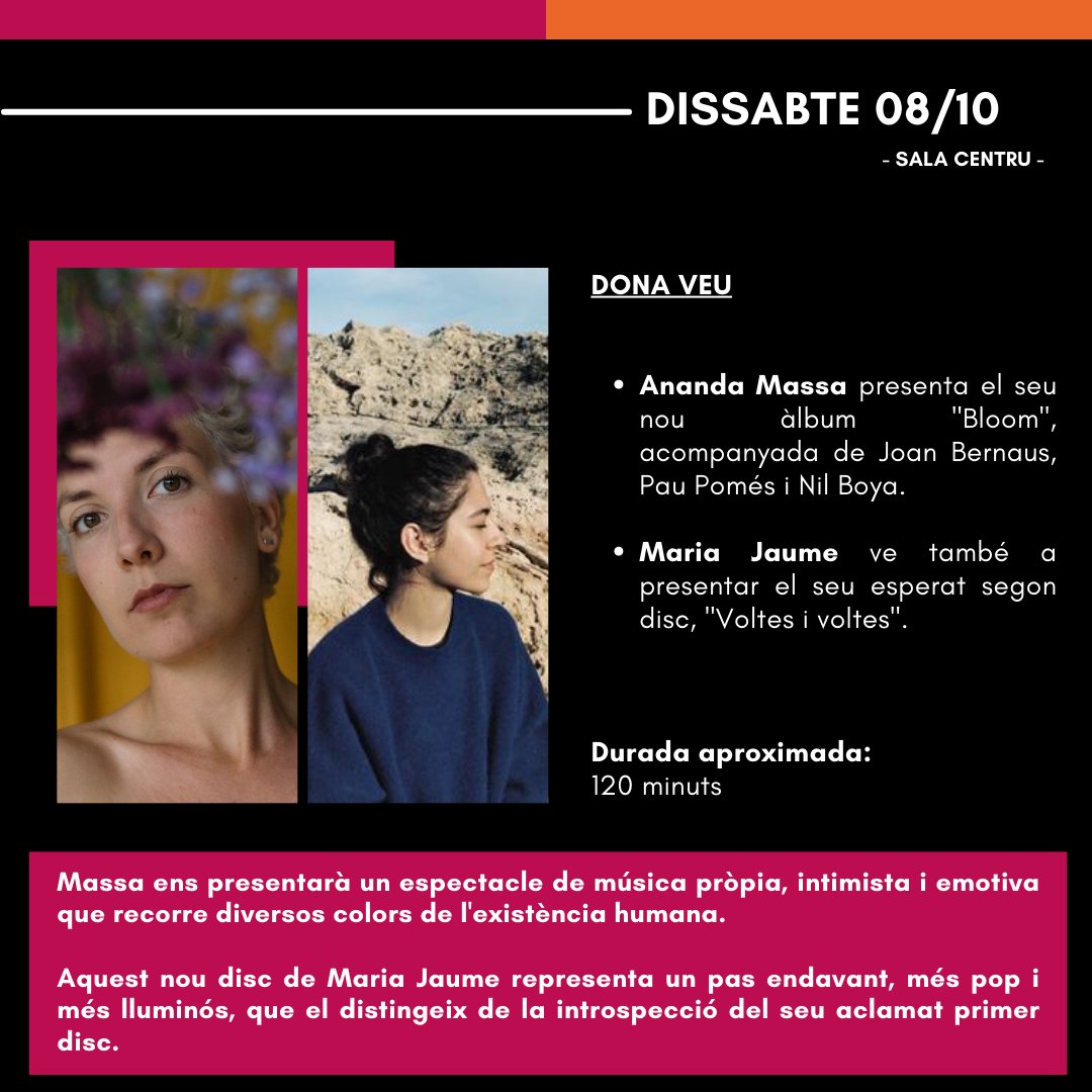 📢 ATENCIÓ ‼️

#TMC_ElCentru | 🎤 Aquest dissabte 8 d'octubre a les 20:30 hores, la Sala Centru del #TMCanet acollirà 'Dona Veu', un espectacle format pels concerts d'Ananda Massa i Maria Jaume.

Entrades 🎟 disponibles 👇
bit.ly/3RyCB6w