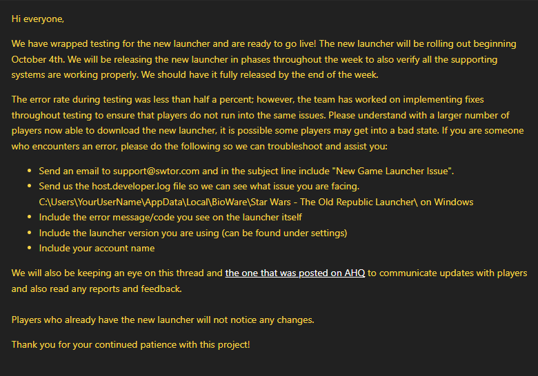 TodayinTor's tweet photo. The new and improved @SWTOR launcher release begins today (4th Oct) after weekly reset!
By the end of the week (hopefully) all non-steam copies of SWTOR should have it, JackieKo posted this message on how you can report Launcher issues to the devs.
#swtor #swtorfamily #starwars https://t.co/j6MI7OEK39