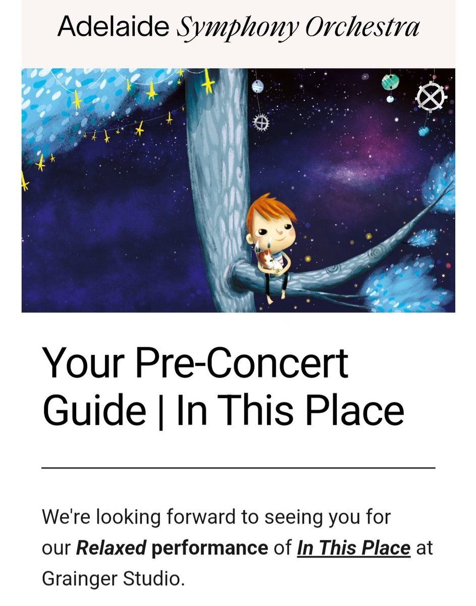 Privileged to be attending the ASO Relaxed Concert 'In This Place' tomorrow 

It's a concert for children with additional needs and their families and has been carefully developed in partnership with Can:Do 4Kids, <a href="/BeyondBank/">Beyond Bank</a>, <a href="/access2arts/">Access2Arts</a> and Tutti Arts