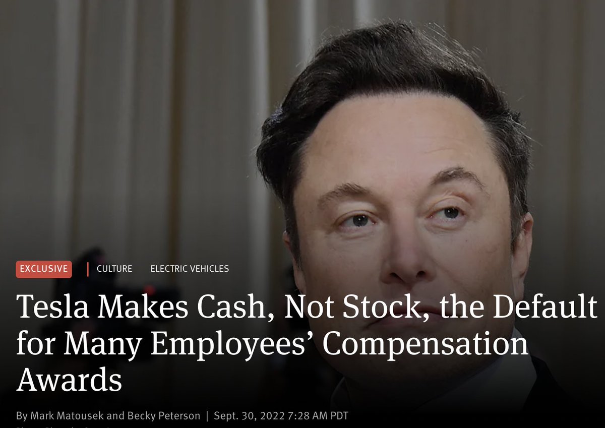 TESLA STOCK BUYBACK?

"Tesla Makes Cash, Not Stock, the Default for Many Employees' Compensation Awards" - <a href="/theinformation/">The Information</a>

While this won't have any meaningful impact on Tesla's financials, it's a clear message from management:

$TSLA is undervalued!

🧵: Tesla Buybacks (1/9)