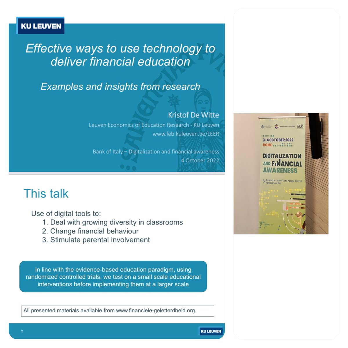 Presenting our @FEBkuleuven research on financial literacy conference “digitalization and financial awareness” in Rome. 

👉 Digital learning paths that have been tested in randomized controlled trials.
👉 On dealing with diversity, parental involvement and cognitive biases.
