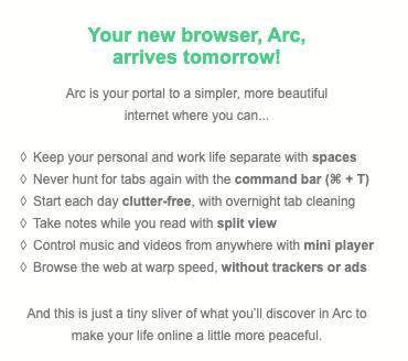 madsmccaus's tweet photo. Eeek! @ArcInternet sent me this reminder that I'm about to get my copy of the browser. Never seen anyone give a heads-up like that before, I like it. #arcinternet #thebrowsercompany https://t.co/r6X2cj9JH4