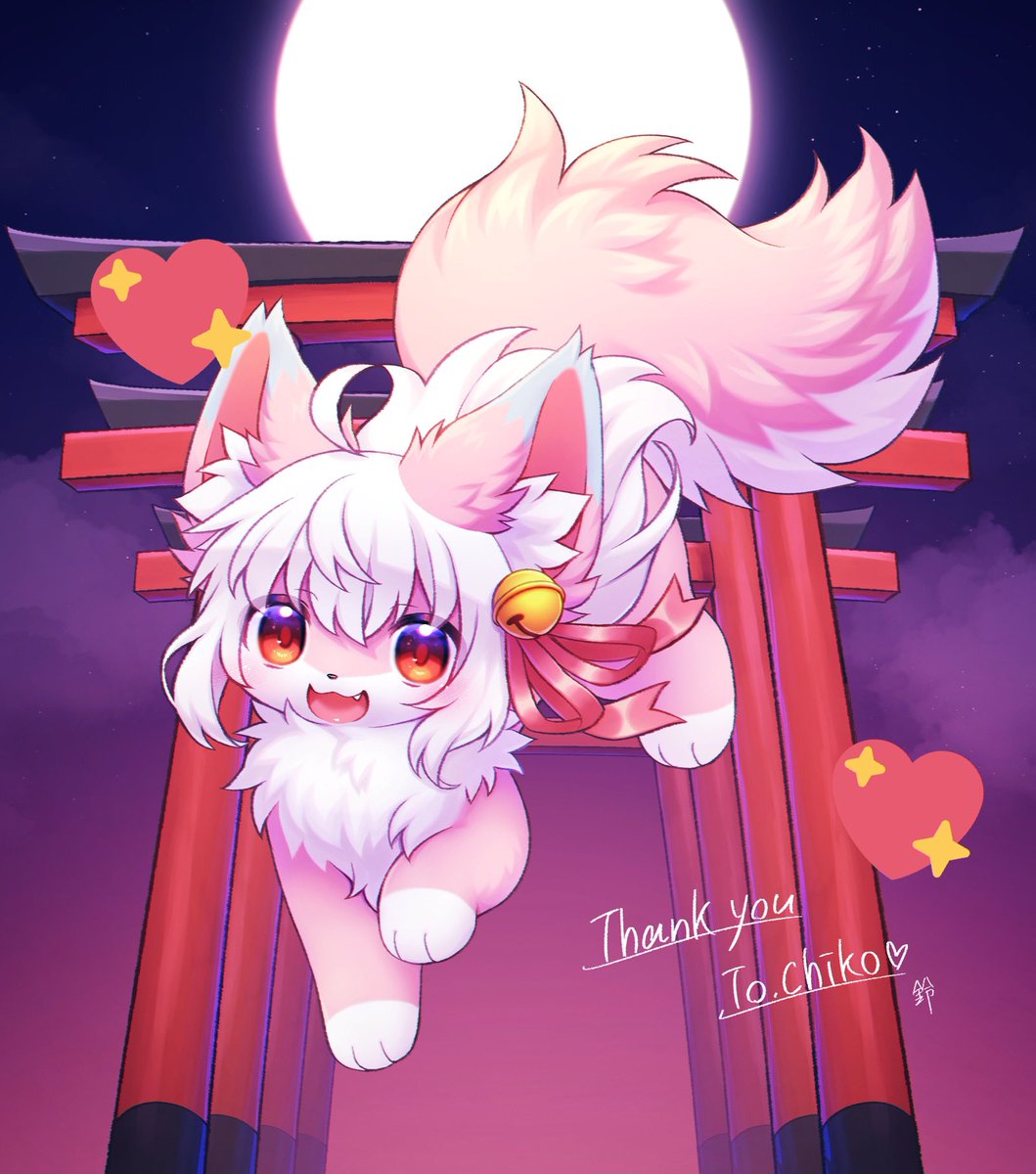 no humans moon torii open mouth bell red eyes smile  illustration images