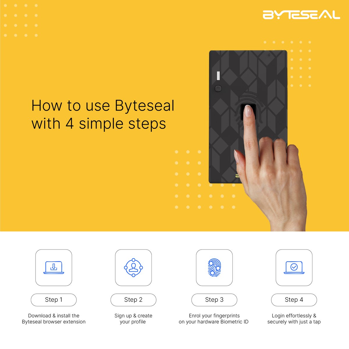 Byteseal_it's tweet image. Setup effortlessly, in 4 simple steps. Manage passwords easily. Have you got yours yet?

#Byteseal #PasswordManager #protectpasswords