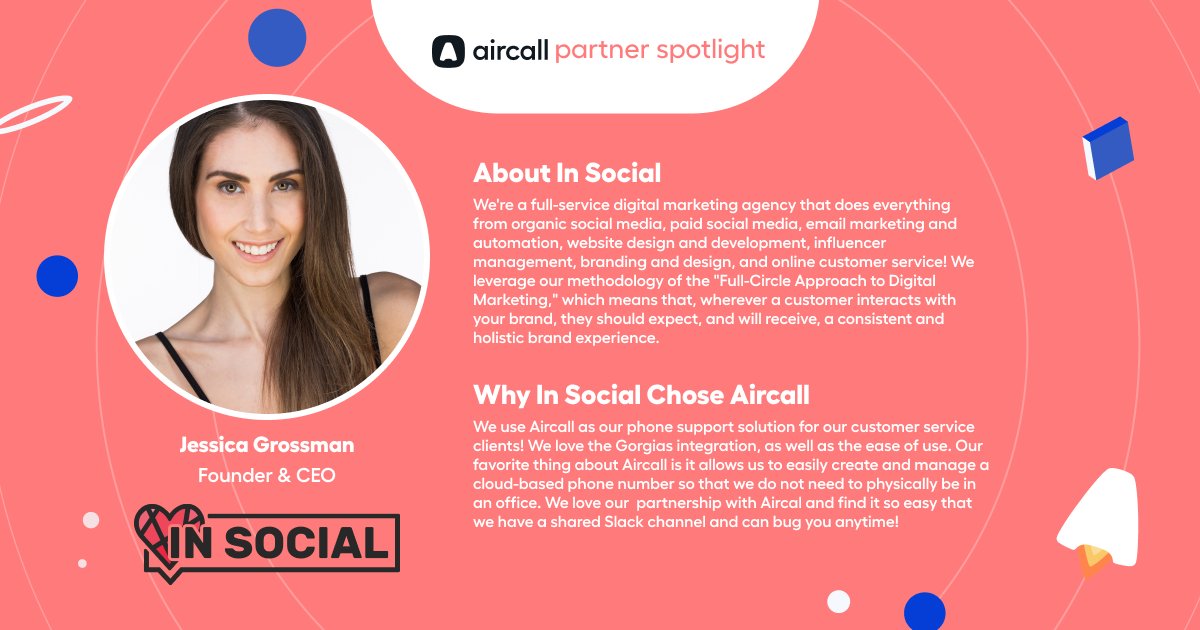 aircall's tweet photo. We ♥ partnerships!

We recently got to hear from one of our partners, @JessGrossman, M.A., Founder and CEO of @InSocialca. She shared with us why they chose to partner with Aircall! 

Check out below.👇 https://t.co/h8nEekTt3k