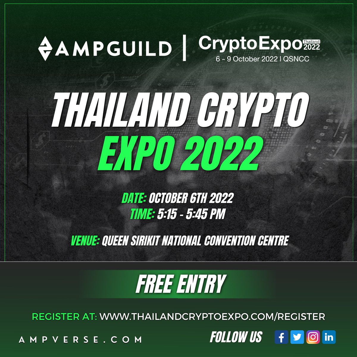 ✨ #AmpGuild is delighted to be one of the official sponsors and partners for the upcoming #ThailandCryptoExpo2022 on October 6-9, 2022. 🤩

More info 👇