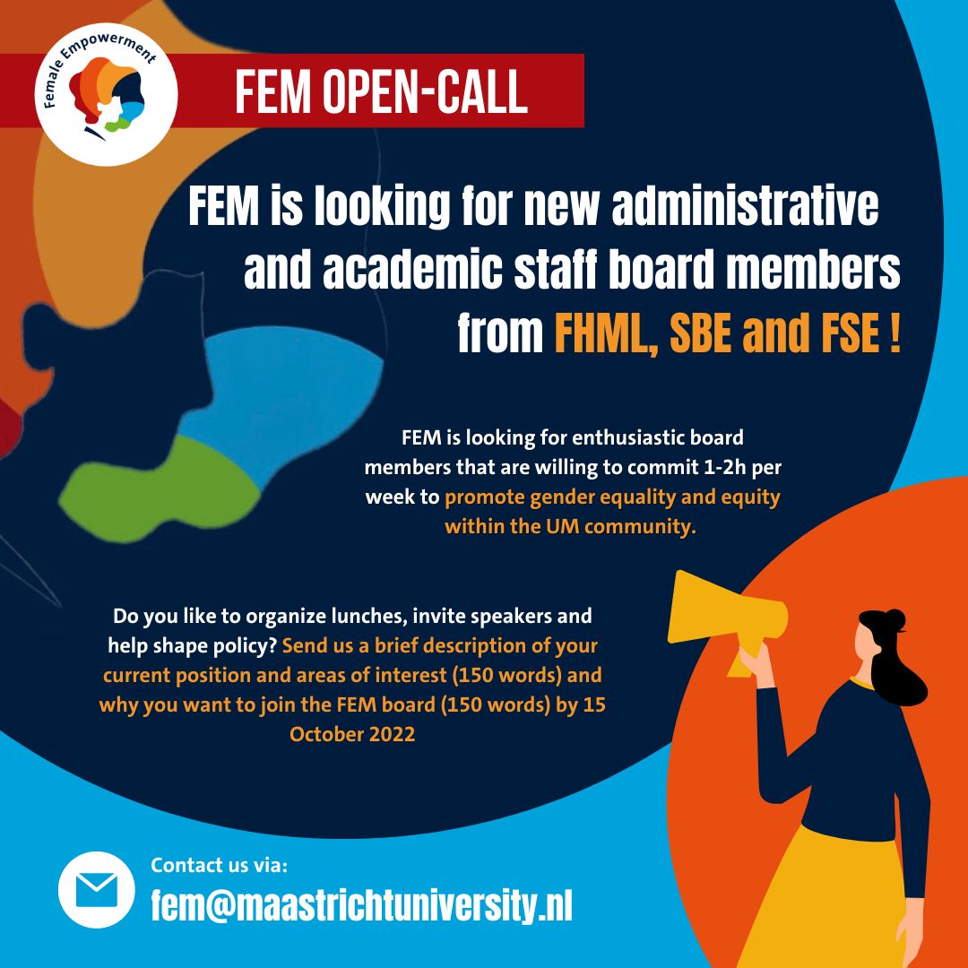 FemMaastricht's tweet photo. 🔴FEM is looking for new administrative and academic staff board members from FHML, SBE and FSE ✨

🗣We particularly encourage people from underrepresented and marginalised groups to reach out and apply! We also encourage PhD students to apply! 

‼️Deadline 15 October‼️#share https://t.co/nBQwoxI60S