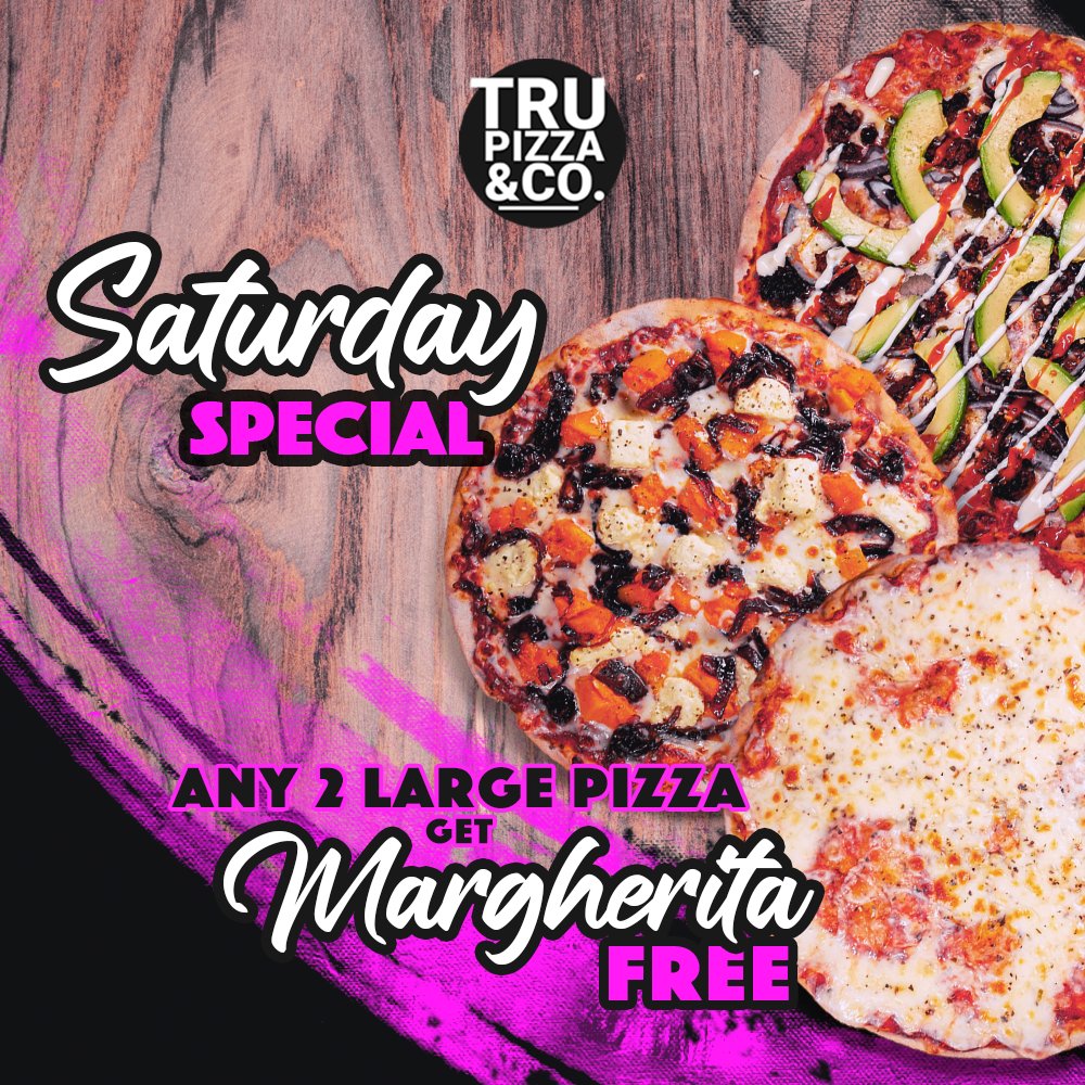 Tru Pizza offers its massive pizza discounts on Saturdays. When you order any two large pizzas for you and your loved ones, you can take advantage of a FREE Margherita pizza.

See our menu here: trupizza.co.za/menu

#TruPizza #specials #pizza #foodie #capetown #southafrica