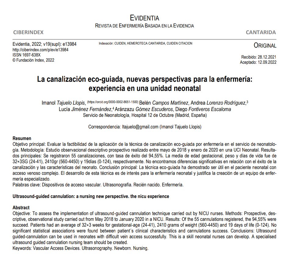 Compartimos nuestro duro trabajo en la canalización ecoguiada en el paciente neonatal. Para los que negaban su uso en neonatos, ¡¡¡resultados!!! ciberindex.com/c/ev/e13984