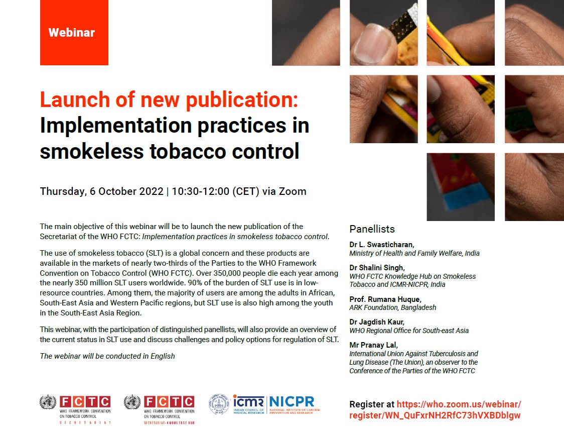 ❗️Join the launch of the new publication 👇

📅6 October 2022
⏲️8:30 am GMT via Zoom

Register here 🔗 who.zoom.us/webinar/regist… 
#AfricaNoTobacco