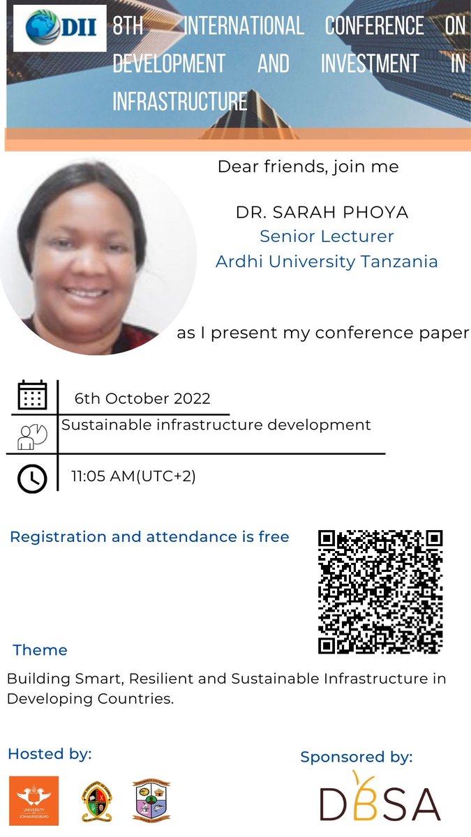 dii_Conference's tweet photo. It's 2 Days to #DII2022!
Join Sarah Phoya as she presents on "Assessment of Social Sustainability in Mega Construction Project in Tanzania: Contractors' perspectives"
Register using the link below to join the conversation: https://t.co/SbDkzWBWzW
#AcademicTwitter #conference https://t.co/FWE0SgA926