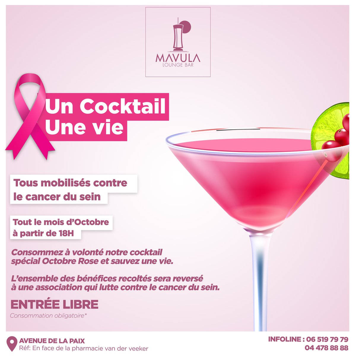 InsideCongo242's tweet photo. [PUB] 

Un cocktail une vie
Tout le mois d’octobre, consommer un cocktail à @mavula.hotel pourrait sauver une vie. 

Ensemble luttons contre le cancer

#mavula #insidecongo #congobrazzaville https://t.co/csREqGAg9Y