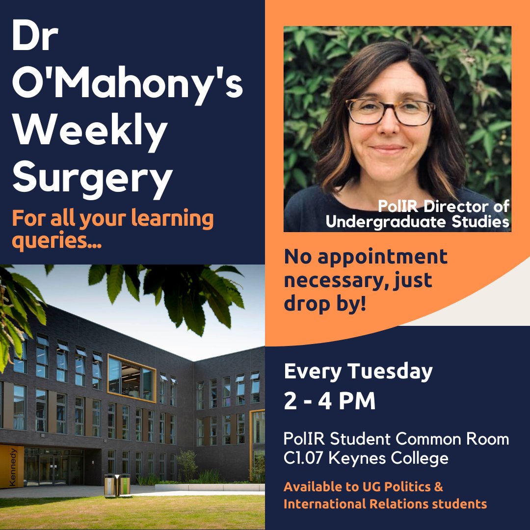 UniKentPolitics's tweet photo. Pop in to see Dr Jane O'Mahony this afternoon!
No need to make an appointment, just drop by the PolIR Student Common Room in Keynes.
See you there!
#studypolitics #internationalrelations #government #globalpolitics #directorofstudies https://t.co/TMA3sVPnmV