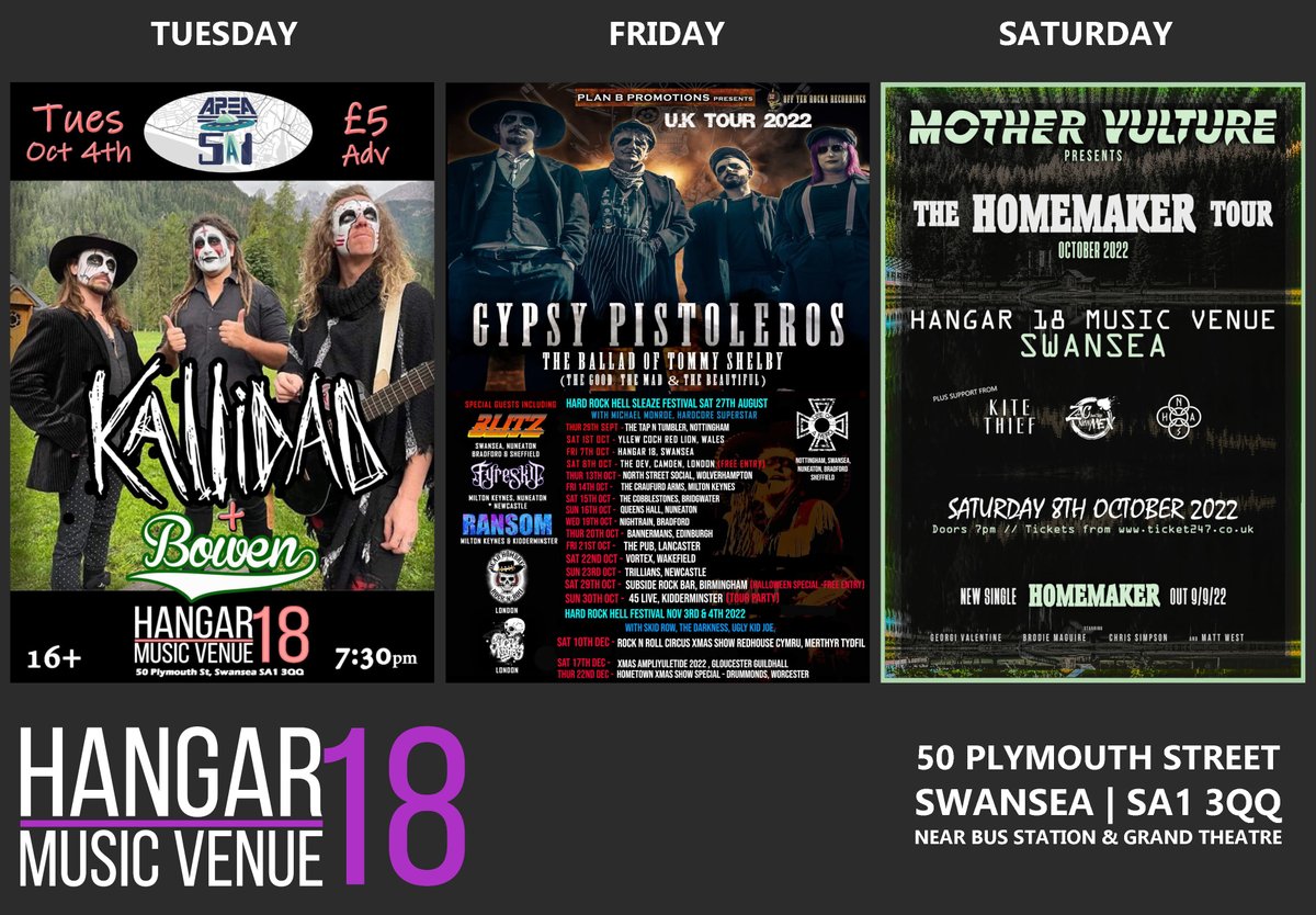 This week at Hangar 18 Music Venue:

Tonight: Kallidad + Bowen
Friday: Gypsy Pistoleros + Life of a Hero
Saturday: Mother Vulture + Kite Thief + Zac and the new Men + N A S H

Tickets available from h18mv.co.uk/Events

#Hangar18MV #LiveGigs #SwanseaGigs