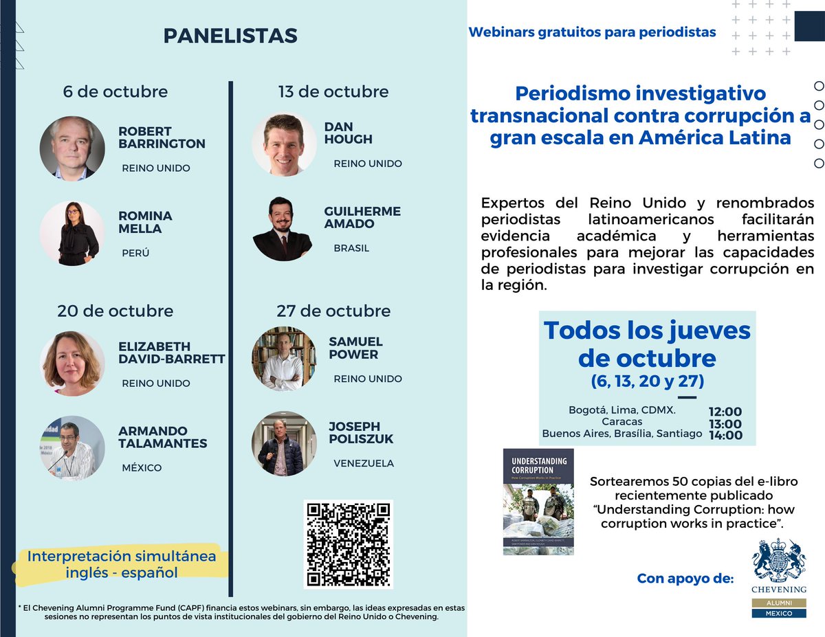 Transnational investigative journalism against grand corruption in Latin America.

Each Thursday in Oct, <a href="/Sussex_SCSC/">Centre for the Study of Corruption</a> faculty &amp; renowned journalists from Latin America will be sharing academic evidence and professional tools to aid those investigating corruption in the region /1