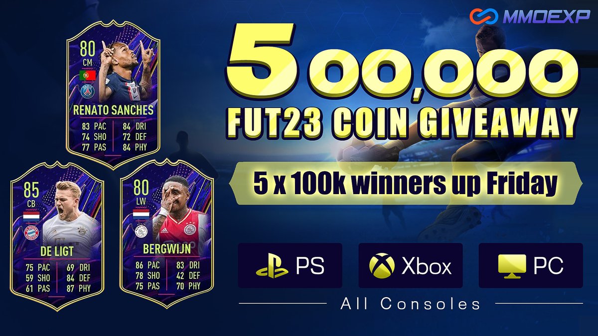 MmoexpService's tweet photo. 🚨500K FUT 23 Coin Giveaway🚨

To enter👇
🔹Must follow @MmoexpService &amp; Retweet
🔹Tag 2 FIFA friends
🔹Reply with " Cheap FIFA Coin Seller "

🏆5x 100K winners up this Friday
⚽️For Cheap #FIFA23 Coin check out at https://t.co/vQaDgBEZM1 https://t.co/KhEmXhZLUT