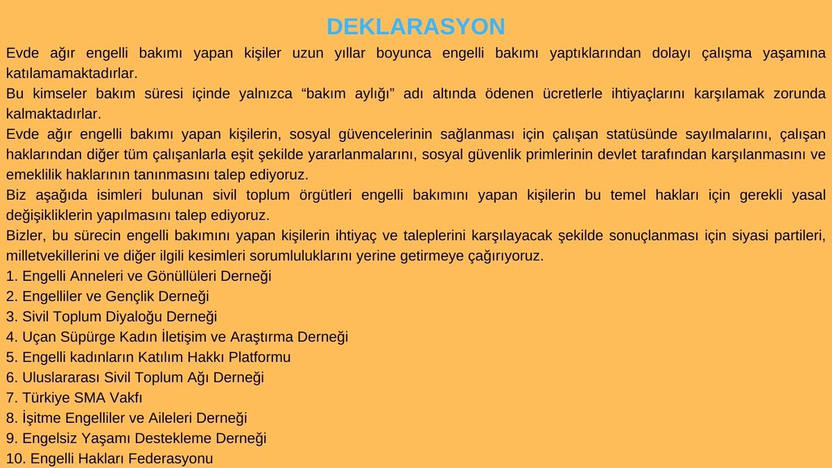Dernekleri, Vakıfları, Sendikaları, Meslek odalarını ve siyasi partileri Engelli bakımı yapanların emeklilik hakkı için aşağıdaki deklarasyonu desteklemeye davet ediyoruz
Deklarasyon metnini destekleyen kuruluşlar isimlerini info@engellicocukanneleri.org adresine yazabilirler